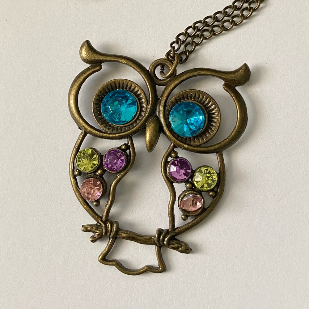 Vintage Owl Pendant Necklace with Multicolor Rhinestones